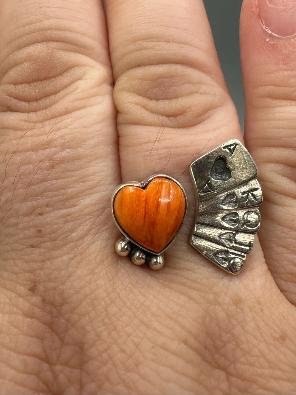 Orange Spiny Sterling Silver 925 Adjustable Poker Cards Heart Ring Handmade